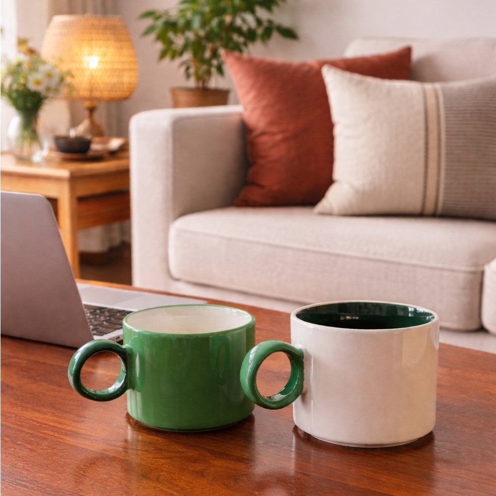 ☕️COFFEE MUG☕️ 2-Pack Coffee Mug 10oz Green White Ceramic Mug Set NWT PIGGAL